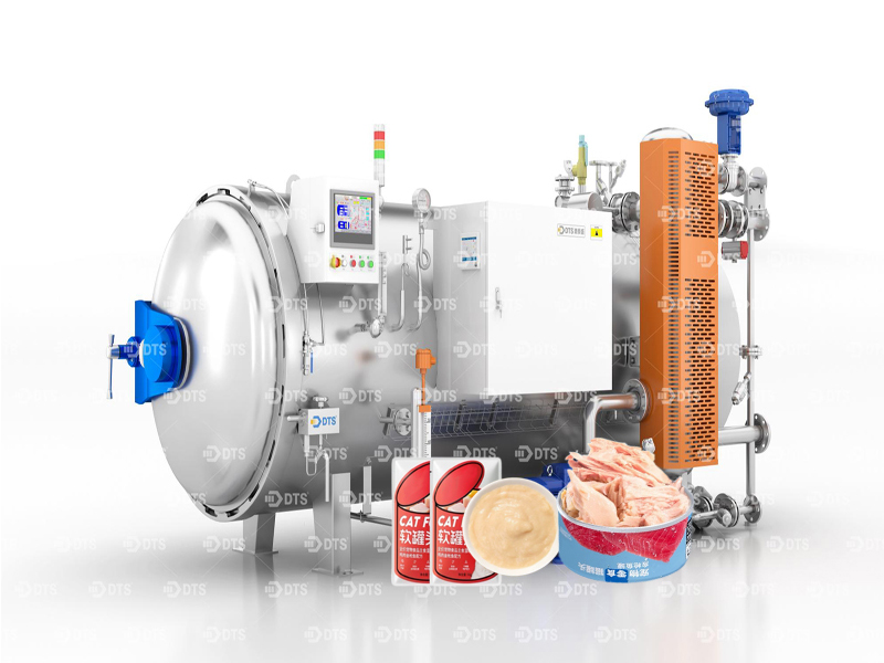 Upgrade of pet wet food processing: water spray retort scheme for shredded meat, meat pieces and meat paste.